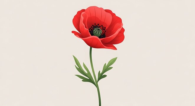Vintage botanical red poppy flower, elegant floral illustration on cream background, blooming papaver rhoeas with green stem and leaves