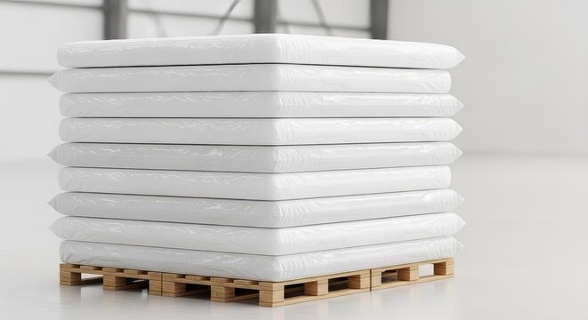 A tall stack of plush white mattresses wrapped in protective plastic sits on a wooden pallet inside a bright, spacious delivery warehouse, storage, protection, merchandise