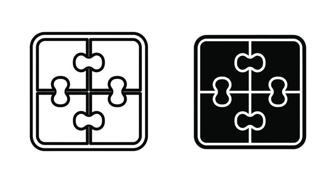 Four piece puzzle square icon set in outline and solid styles representing teamwork problem solving and strategic integration concepts