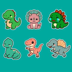 Obraz premium Kawaii Chibi Dinosaur Species and Expressions Sticker Set