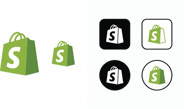 Shopify logo icon set, e-commerce shopping bag symbol, online store branding icon, flat and 3d style buttons for website and mobile app, shopify vector icons in circle and square shapes 2025