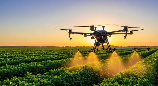 Advanced hexacopter drone hovering over a lush green agricultural field at sunset, performing precision spraying and monitoring of crops, data, farming, agritech