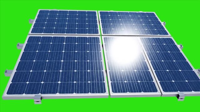 Solar Panels Array with Sun Flare Reflection on Green Screen and Black Background