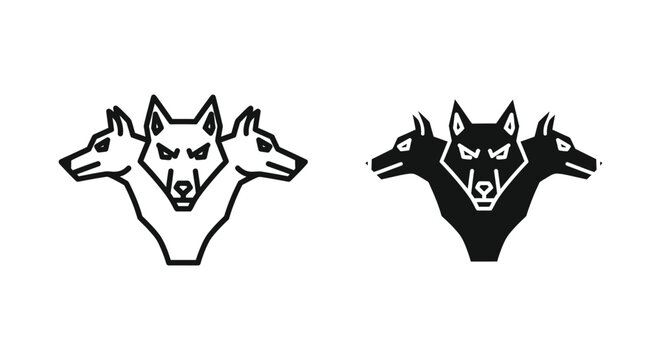 Three headed wolf or cerberus icons for mythological and fantasy design in outline and solid black vector styles