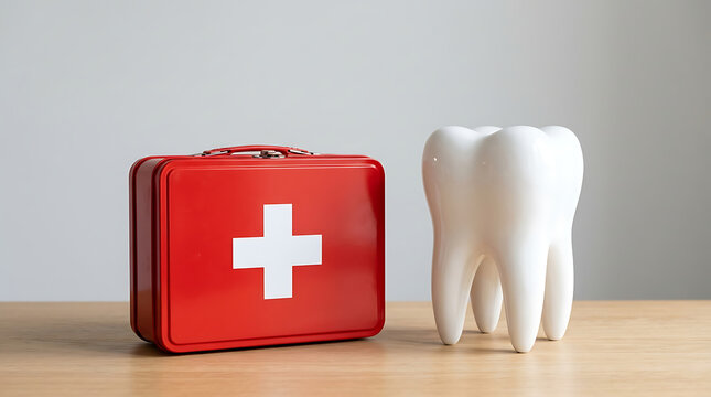 Red First Aid Kit and Large Tooth Model Representing Dental Emergency Care and Health
