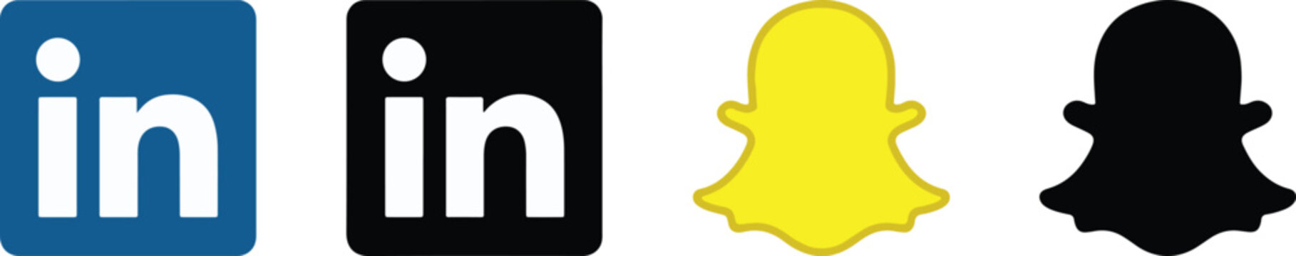 LinkedIn logo icon and Snapchat logo set. Social media networking and communication icons. Flat vector and black silhouette logos isolated on white background. Popular brand web buttons.