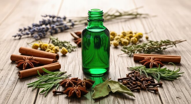 Botella de vidrio oscuro con elixir herbal curativo sobre una mesa de madera r&uacute;stica rodeada de plantas medicinales secas y especias, preparaci&oacute;n, elixir, composici&oacute;n