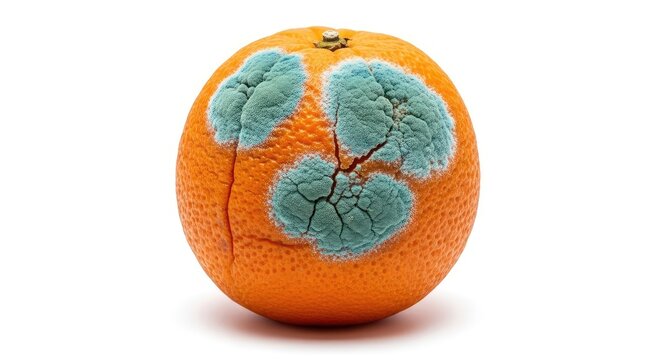 Close up of a decomposing orange with blue and green fuzzy mold on a shriveled citrus peel, isolated on a white background for food waste, mold, rot, trash