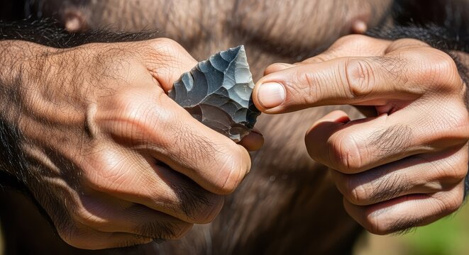 Close up of primitive stone tool held by early hominid hands, inspecting sharp edge of crafted flint from prehistoric ancient era, ancestor, study, knapping