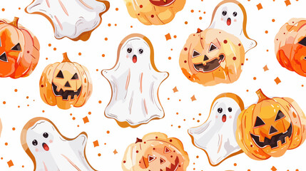 Obraz premium Playful Halloween Pattern Featuring Cute Ghosts and Jack-O-Lanterns on White Background