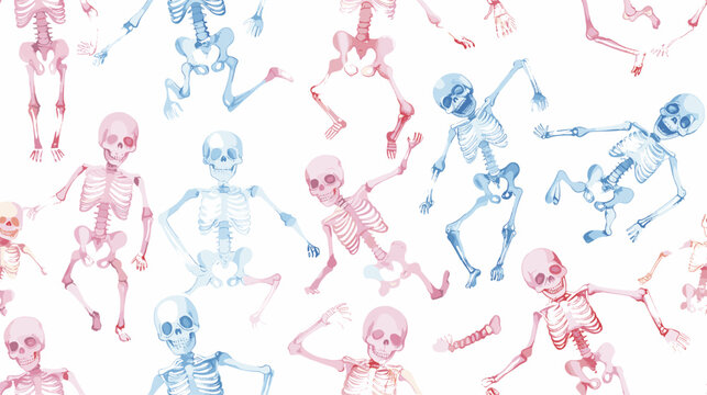 Playful Colorful Skeletons Dancing Joyfully in a Whimsical Festive Pattern Background