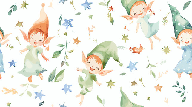 Playful Children Elves Dancing in Colorful Watercolor Pattern Surrounded by Leaves and Flowers
