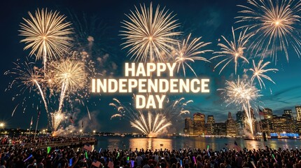 Obraz premium Spectacular independence day fireworks display over a crowded waterfront