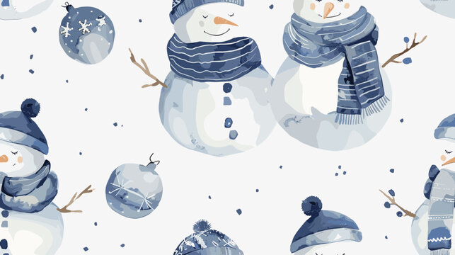 Playful Winter Scene Featuring Cheerful Snowmen in Blue Scarves and Ornaments Against a Light