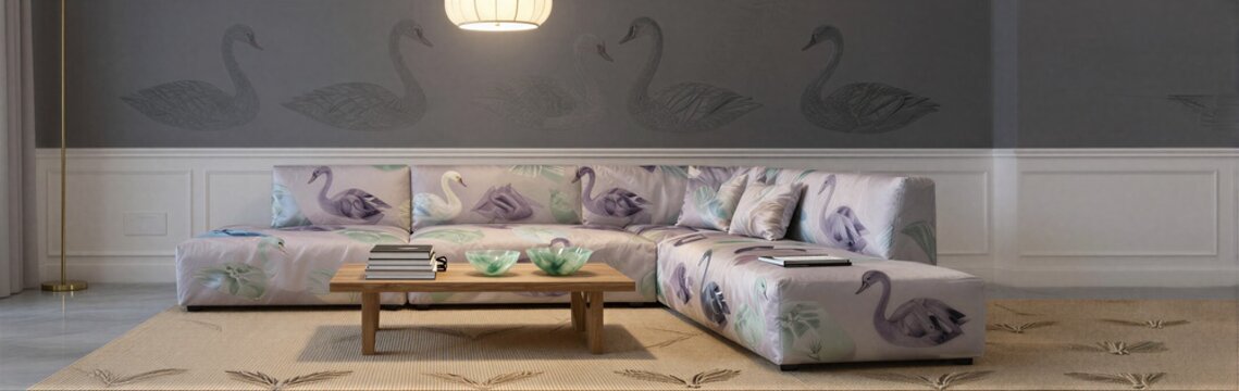Swan patterned sofa arranged against decorative wall in living room