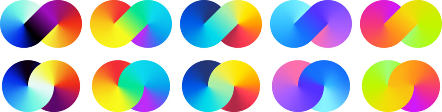 Conic gradient loop shapes. Abstract colorful overlapping circles, gradient infinity symbols vector set