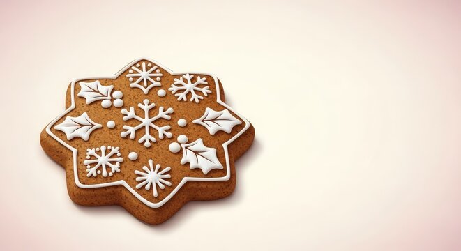 Encantadora ilustraci&oacute;n de galleta de jengibre tradicional con glaseado blanco y detalles festivos sobre un fondo de color suave y c&aacute;lido, contorno, gr&aacute;fico, jengibre