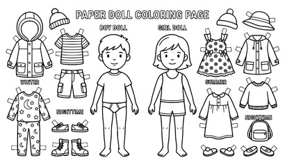 Paper doll coloring page set with boy and girl characters and seasonal outfits vector illustration © Mithun