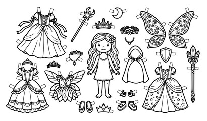 Fantasy paper doll coloring page with princess outfits and magical costume elements vector © Mithun