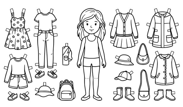 Paper doll coloring page vector with girl character and cut out clothes set for kids activity