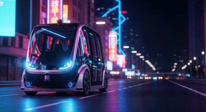 Futuristic autonomous shuttle glides through a vibrant neon city street at night featuring glowing lidar sensors and sleek metallic body, smart, glow, scanning