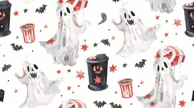 Whimsical Halloween Ghost Pattern with Pumpkins, Bats, and Trash Cans on a White Background
