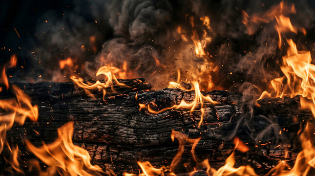 Burning logs with intense orange flames and smoke for cinematic background texture and heat disaster concept