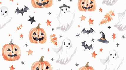 Obraz premium Whimsical Halloween Pattern Featuring Pumpkins, Ghosts, Bats, and Autumn Leaves on a White