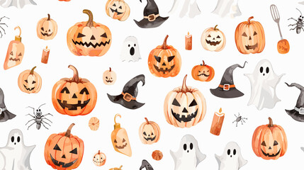 Obraz premium Whimsical Halloween Theme Featuring Pumpkins, Ghosts, Witches, and Seasonal Decorations Pattern
