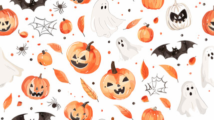Fototapeta premium Whimsical Halloween Pattern Featuring Pumpkins Ghosts Bats and Autumn Leaves in Festive Colors