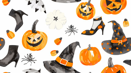 Obraz premium Whimsical Halloween Pattern Featuring Pumpkins, Witches Hats, and Spooky Elements in Vibrant Colors