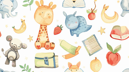 Whimsical Pattern Featuring Adorable Animals and Fruits in Soft Watercolor Style © AI PIC