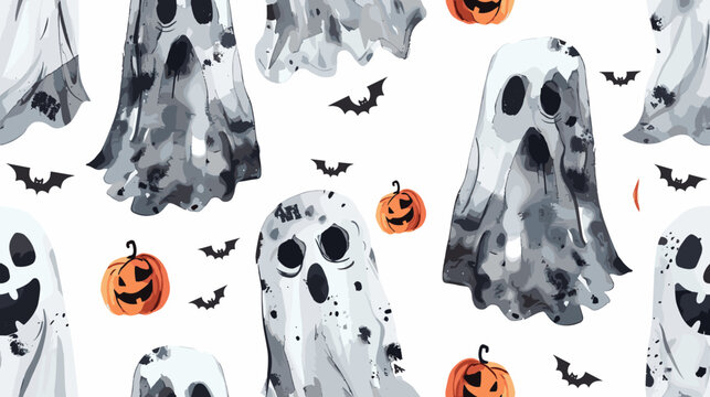 Whimsical Halloween Themed Pattern Featuring Ghosts, Pumpkins, and Bats on a White Background
