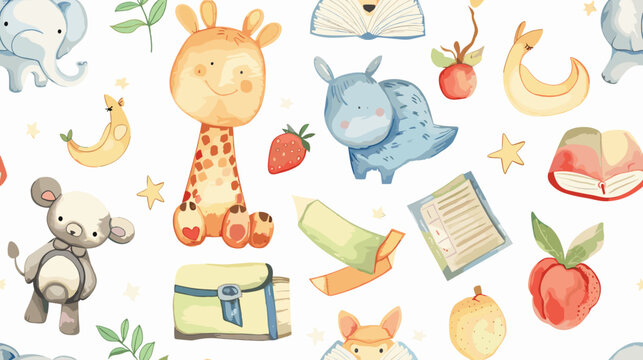 Whimsical Pattern Featuring Adorable Animals and Fruits in Soft Watercolor Style