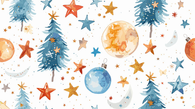 Whimsical Star and Moon Pattern with Trees in Blue, Orange, and Gold Colors on White Background