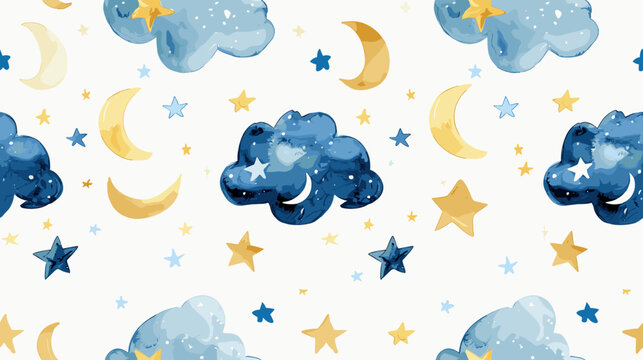 Whimsical Watercolor Clouds, Moons, and Stars Pattern on Soft White Background
