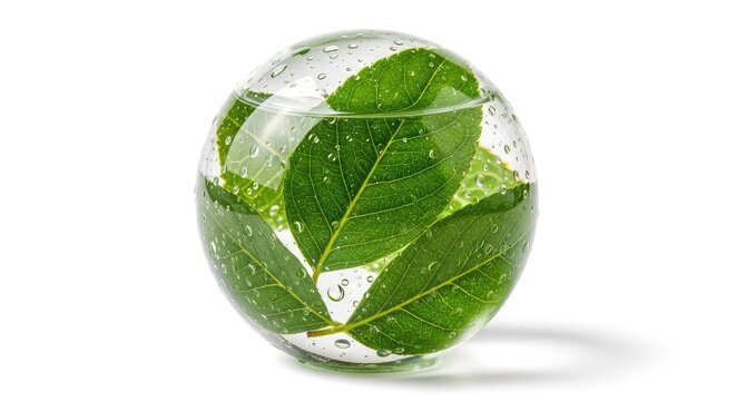 Lush green leaves rest inside a transparent water sphere on a clean white background, showcasing natural purity and refreshing hydration, earth, natural, sustainability