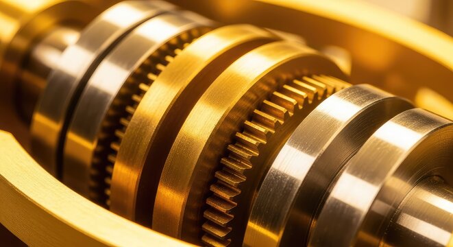 Macro view of interlocking brass gears and polished metal cogs inside a precision attenuator assembly with golden light reflecting off parts, elements, technical, steampunk