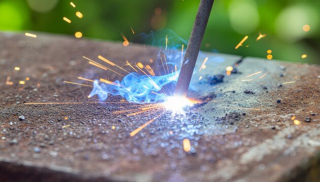 Welding sparks fly as worker joins metal pieces outdoors with electrode.
