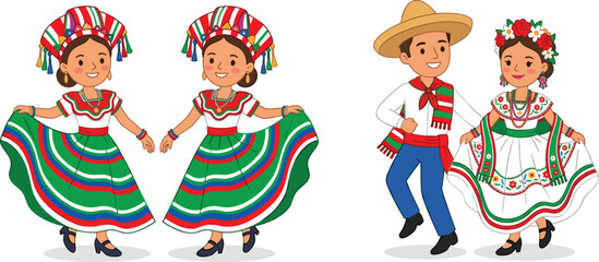 Fototapeta premium Children in Traditional Mexican Dance Costumes with Colorful Dresses and Festive Accessories
