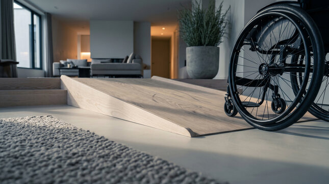 Wide environmental view of a bleached ash wood ramp within a minimalist living space. Mixed lighting defines textures of wood and ivory micro-cement, emphasizing seamless architectural integration.