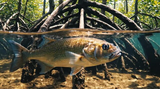 Split-level underwater shot featuring a saltwater fish swimming in a mangrove forest with shallow water