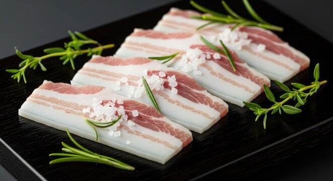 Translucent slices of white pork fat placed on a dark wooden board, featuring a garnish of coarse salt and green herbs in a natural light, spice, preparation, bacon