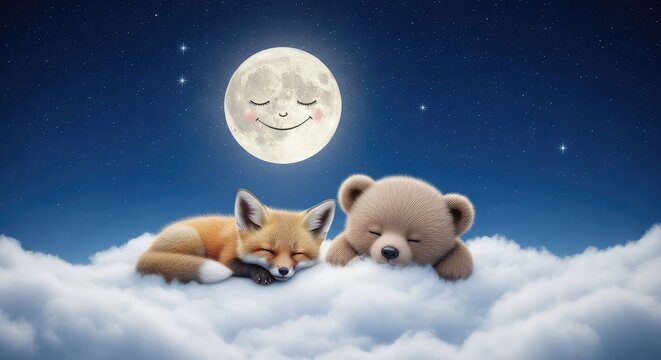 Un peque&ntilde;o zorro y un oso esponjoso duermen pac&iacute;ficamente sobre nubes blancas bajo una luna sonriente en un cielo nocturno lleno de estrellas, sky, midnight, smiling