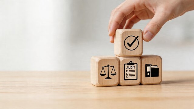 Business man stacking wooden cubes with audit checklist law scale folder icon symbols checking compliance risk management process quality control verification strategy concept