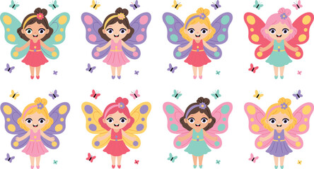 Obraz premium Colorful Fairy Characters with Butterfly Wings in Playful Dresses for Kids