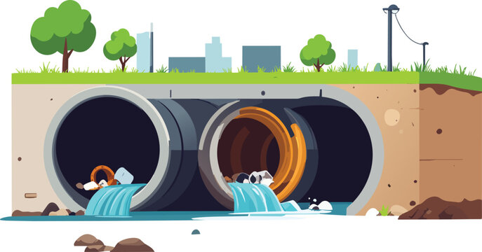 Cross section cutaway illustration showing an innovative underground vacuum tube transit system efficiently moving municipal waste down from street level collection inlets
