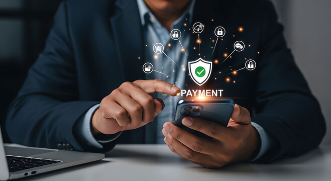 Businessman Using Smartphone Secure Online Payment Protection Digital Finance