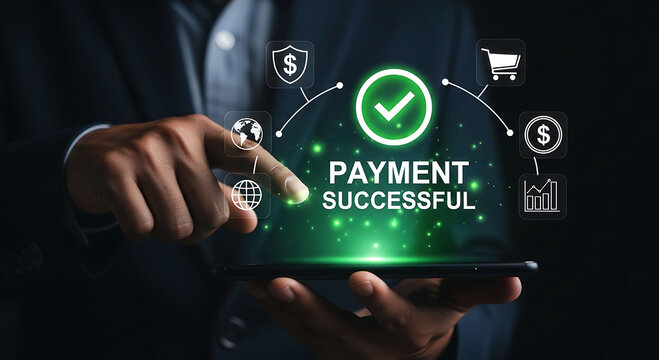 Businessman Using Smartphone Showing Payment Successful Digital Finance Concept