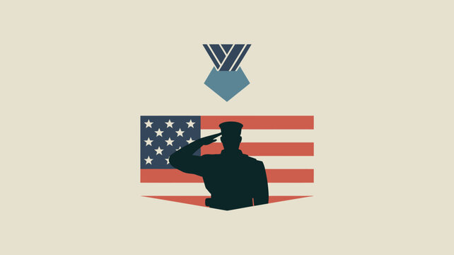 Military salute silhouette with american flag and medal badge